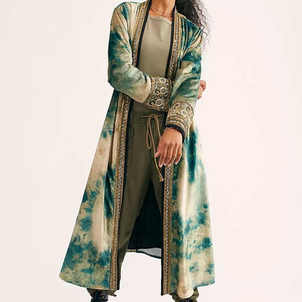 Free people Age of Aquaria Embellished Velvet Tie Dye Longline Duster S